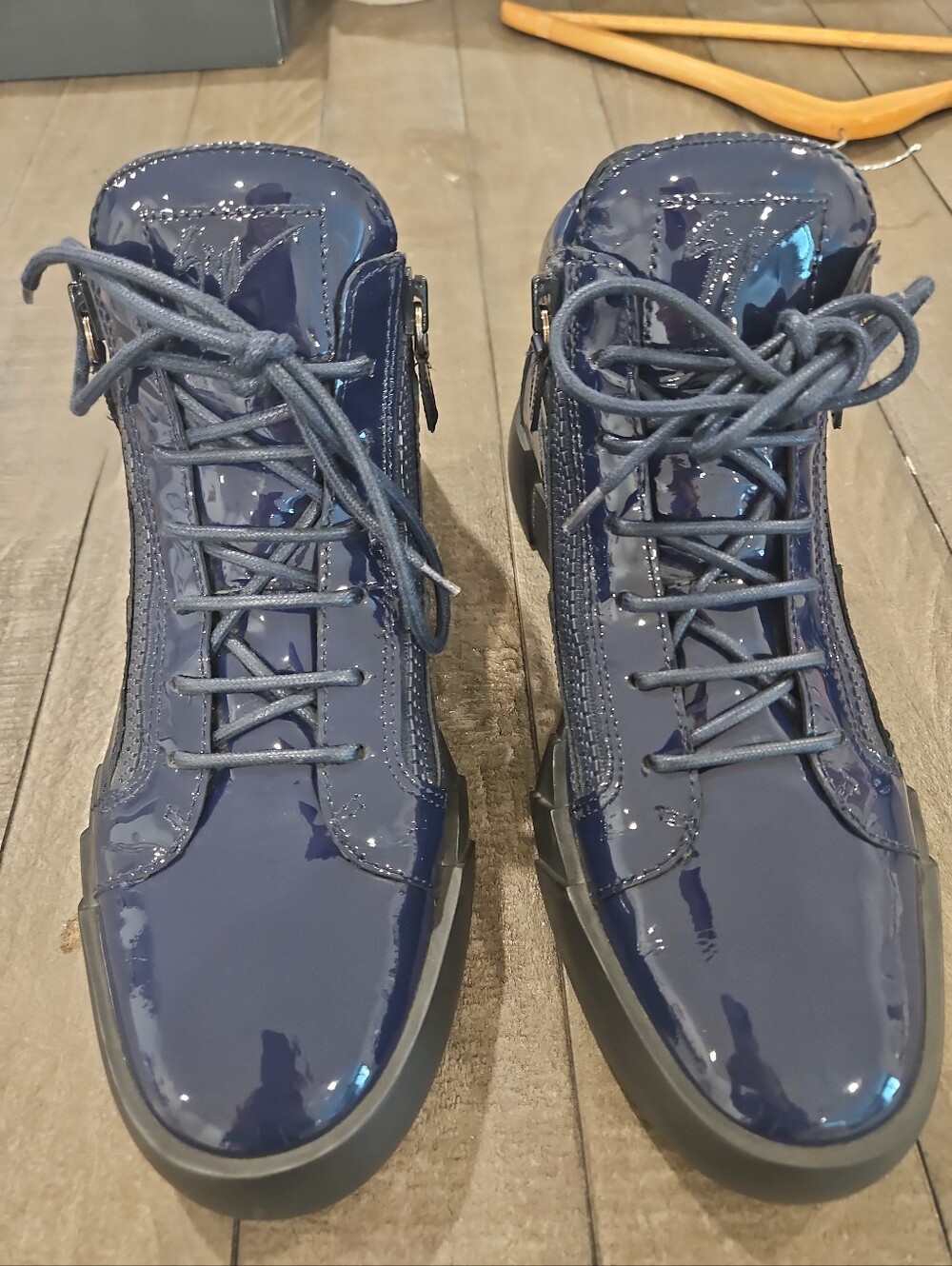Giuseppe Zanotti Patent Leather High Top Sneakers Navy Blue Zip Lace Up Size 43
